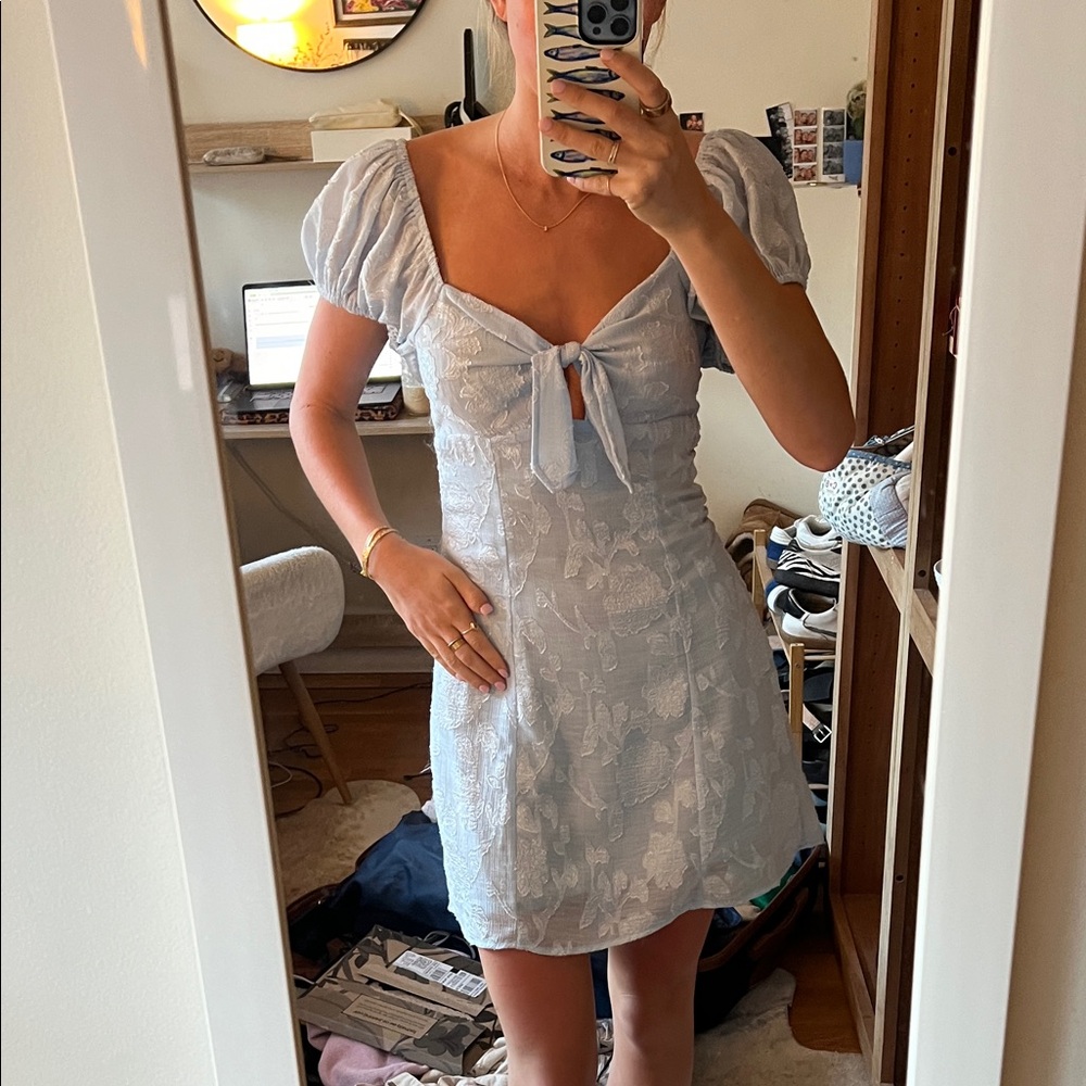 Urban Outfitters Light Blue Tie-Front Puff Sleeve Mini Dress